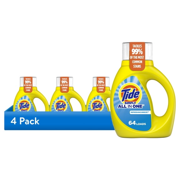 (4 pack) Tide Simply Liquid Laundry Detergent, Refreshing Breeze Scent, 84 fl oz, 64 Loads