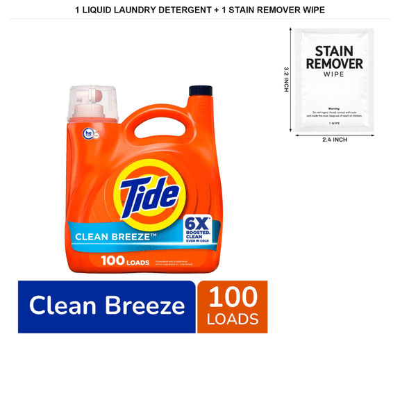 Tide Clean Breeze Liquid Laundry Detergent, 125 fl oz with 1x Stain Remover Wipe