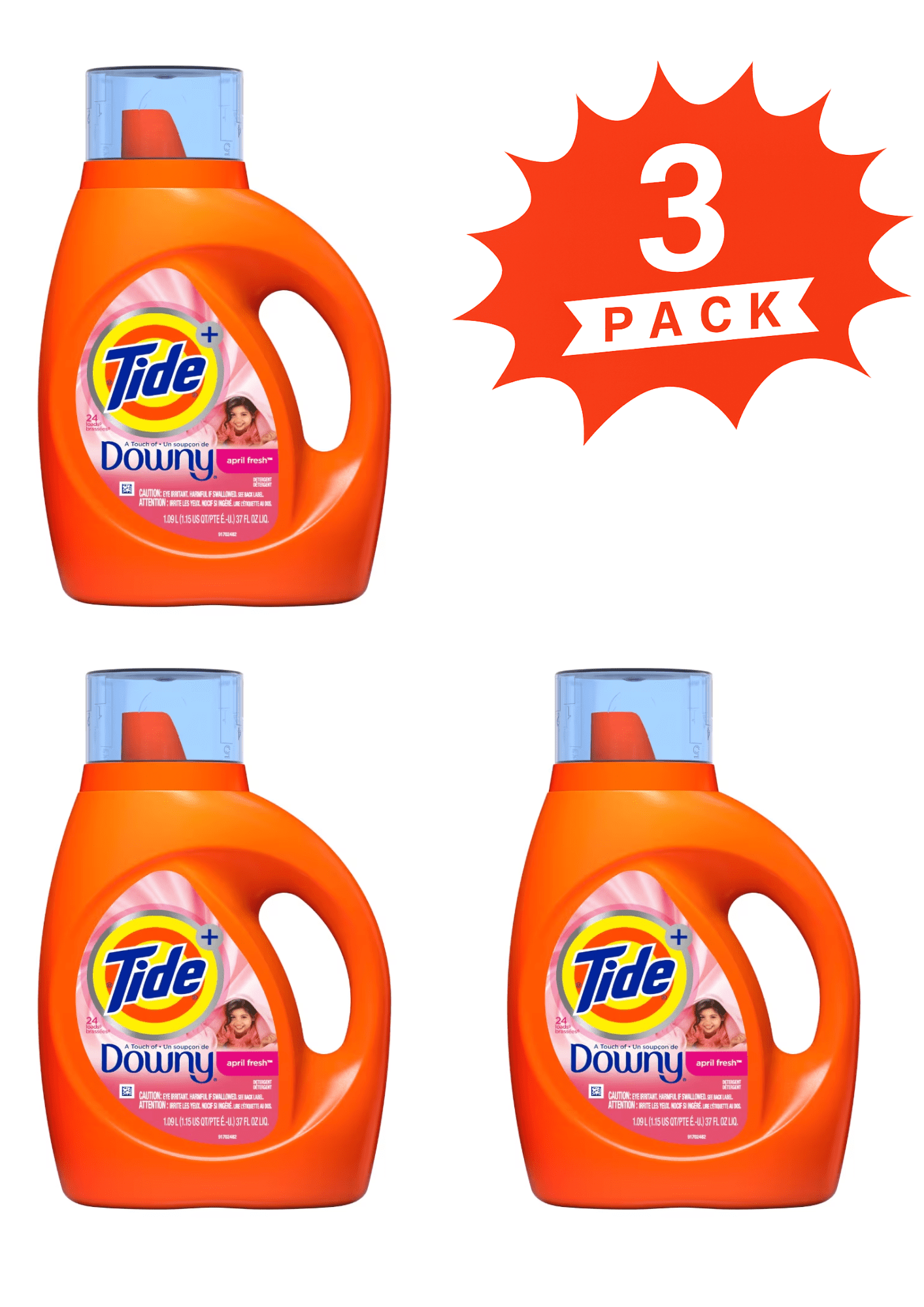 Tide + Downy April Fresh Liquid Laundry Detergent (Pack 3) - 72 Loads, 111fl
