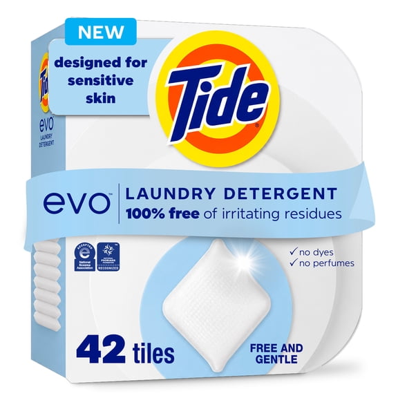 Tide Evo Laundry Detergent Tiles, Free & Gentle, 100% Concentrated for Sensitive Skin, 42 Count