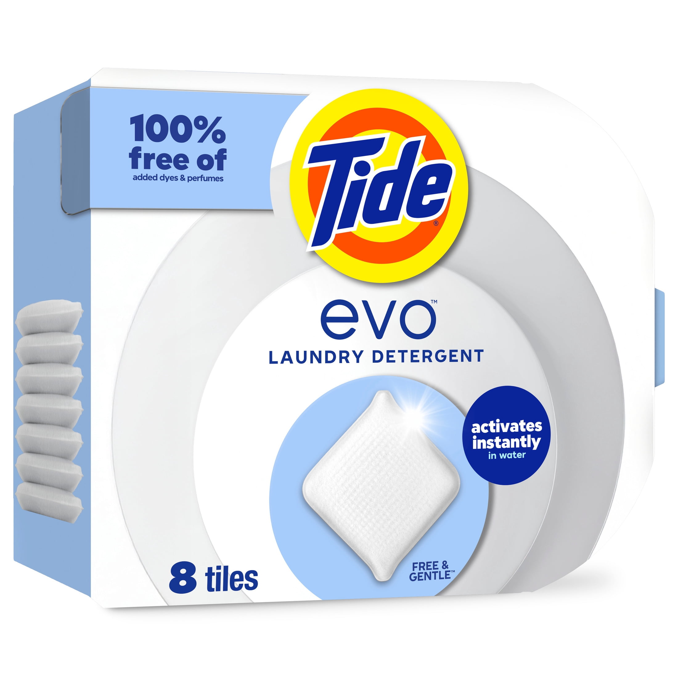 Tide Evo Free & Gentle Laundry Detergent Tiles, Works on 100% of Common Stains, Unscented, 8 Count