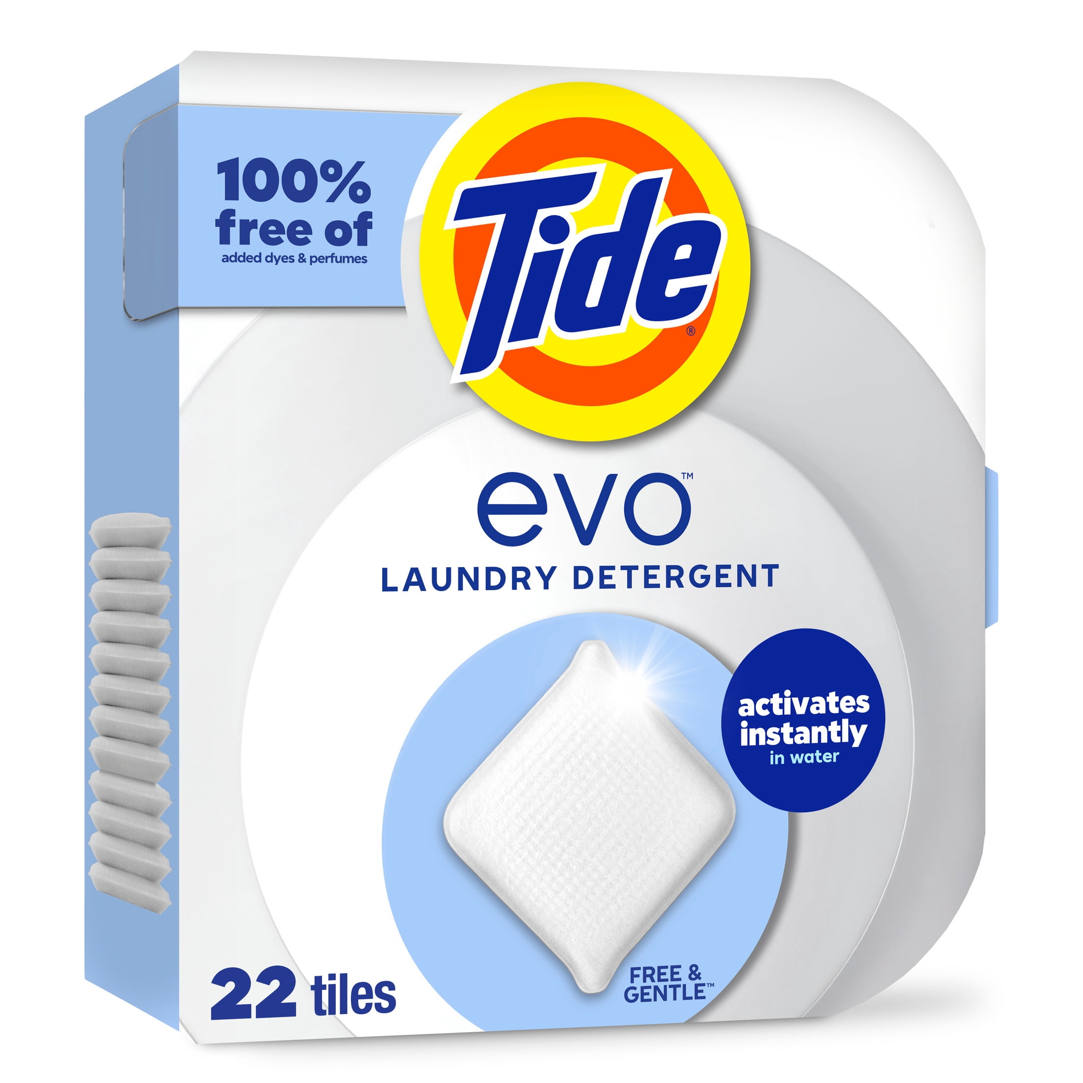 Tide Evo Free & Gentle Laundry Detergent Tiles, Works on 100% of Common Stains, Unscented, 22 Count