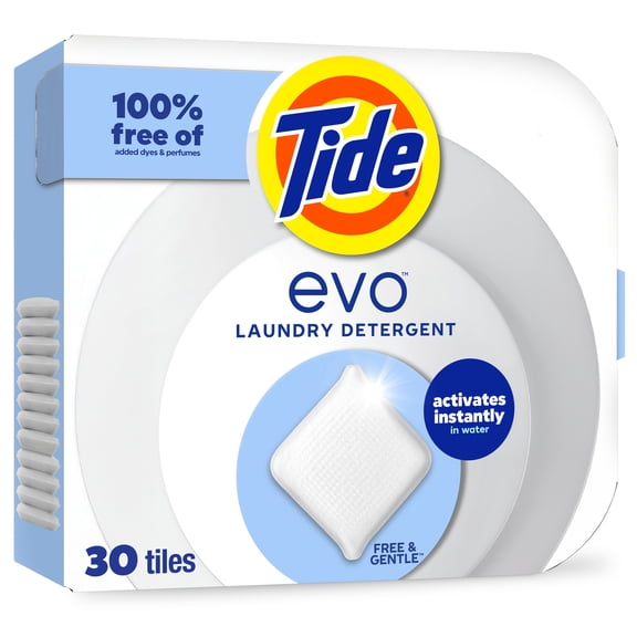 Tide Evo Free & Gentle Laundry Detergent Tiles, Works on 100% of Common Stains, Unscented, 30 Count