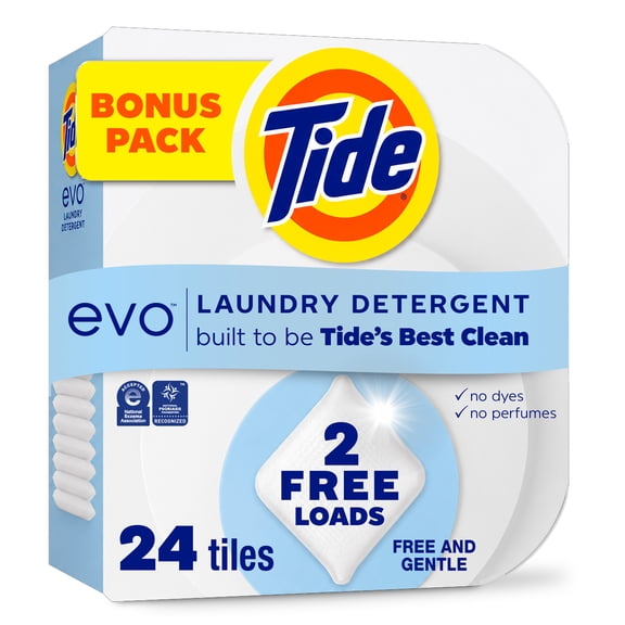 Tide Evo Laundry Detergent Tiles, Super Concentrated 6X Cleaning Power, Free & Gentle, 24 Count