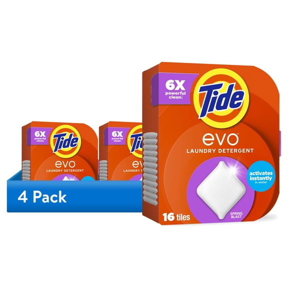 (4 pack) Tide Evo Laundry Detergent Tiles, 100% Concentrated, 6X Cleaning Power, Spring Blast Scent, 16 Count