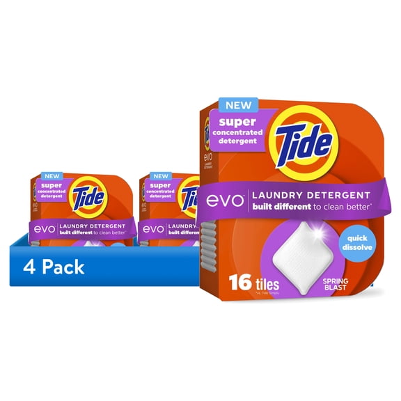 (4 pack) Tide Evo Laundry Detergent Tiles, 100% Concentrated, 6X Cleaning Power, Spring Blast Scent, 16 Count