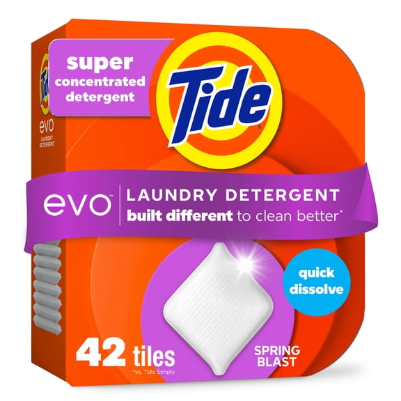 Tide evo Laundry Detergent Tiles, 100% Concentrated, 6X Cleaning Power, Spring Blast Scent, 42 Count