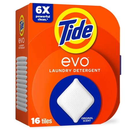 Tide Evo Laundry Detergent Tiles, 100% Concentrated, 6X Cleaning Power, Original Tide Scent, 16 Count
