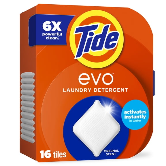 Tide Evo Laundry Detergent Tiles, 100% Concentrated, 6X Cleaning Power, Original Tide Scent, 16 Count
