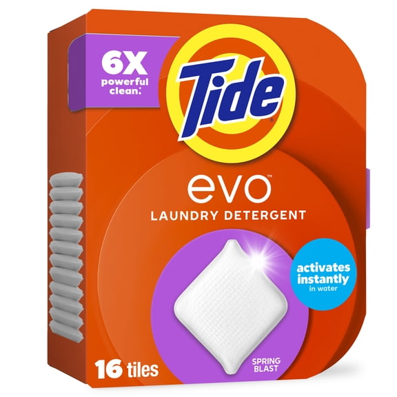 Tide Evo Laundry Detergent Tiles, 100% Concentrated, 6X Cleaning Power, Spring Blast Scent, 16 Count
