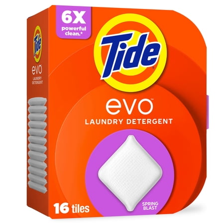Tide Evo Laundry Detergent Tiles, 100% Concentrated, 6X Cleaning Power, Spring Blast Scent, 16 Count