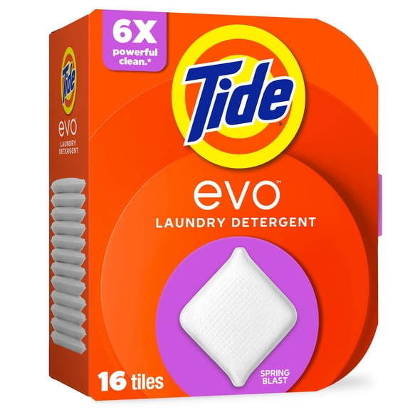 Tide Evo Laundry Detergent Tiles, 100% Concentrated, 6X Cleaning Power, Spring Blast Scent, 16 Count