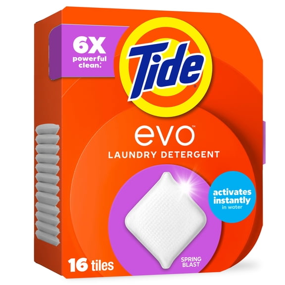Tide Evo Laundry Detergent Tiles, 100% Concentrated, 6X Cleaning Power, Spring Blast Scent, 16 Count