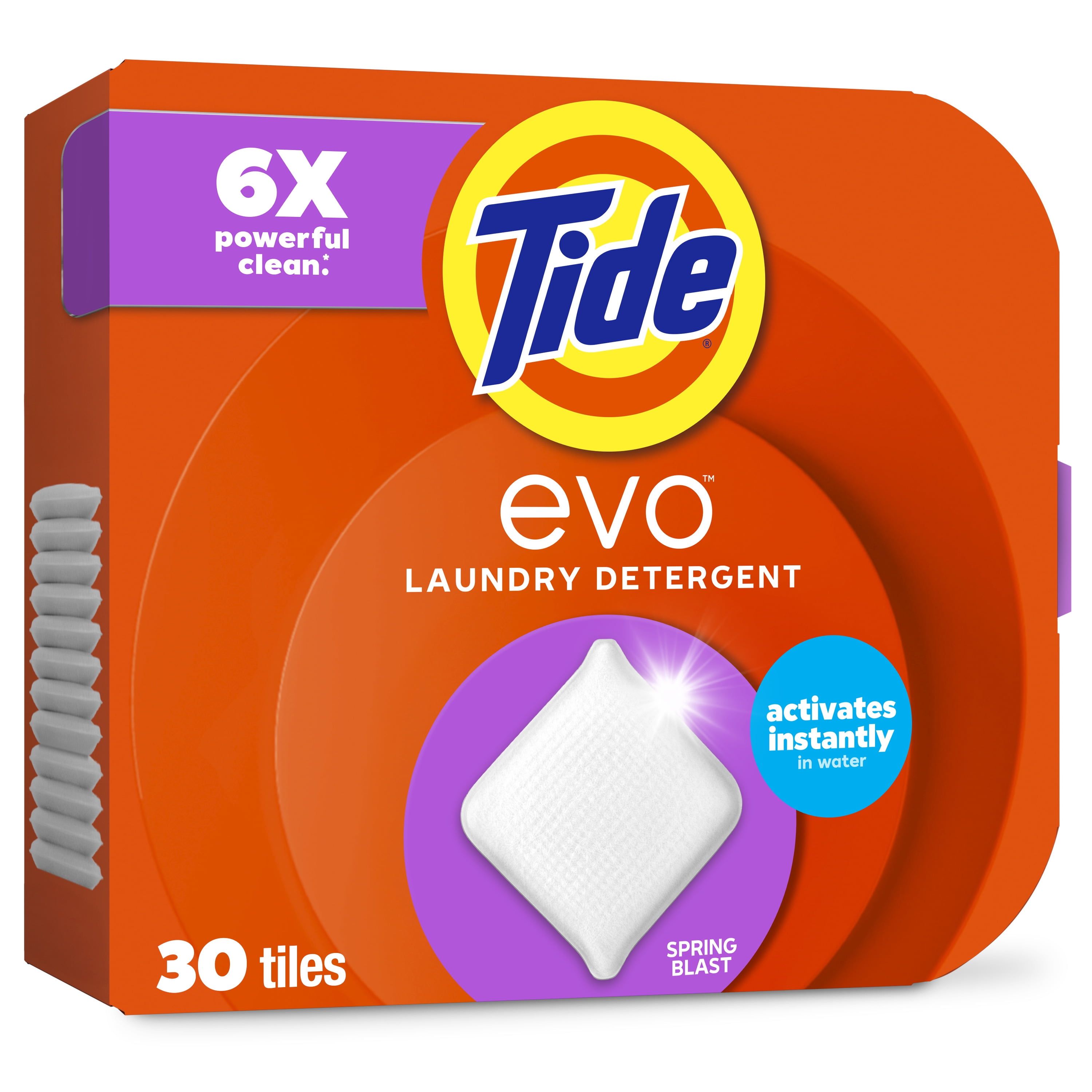 Tide Evo Laundry Detergent Tiles, 100% Concentrated, 6X Cleaning Power, Spring Blast Scent, 30 Count