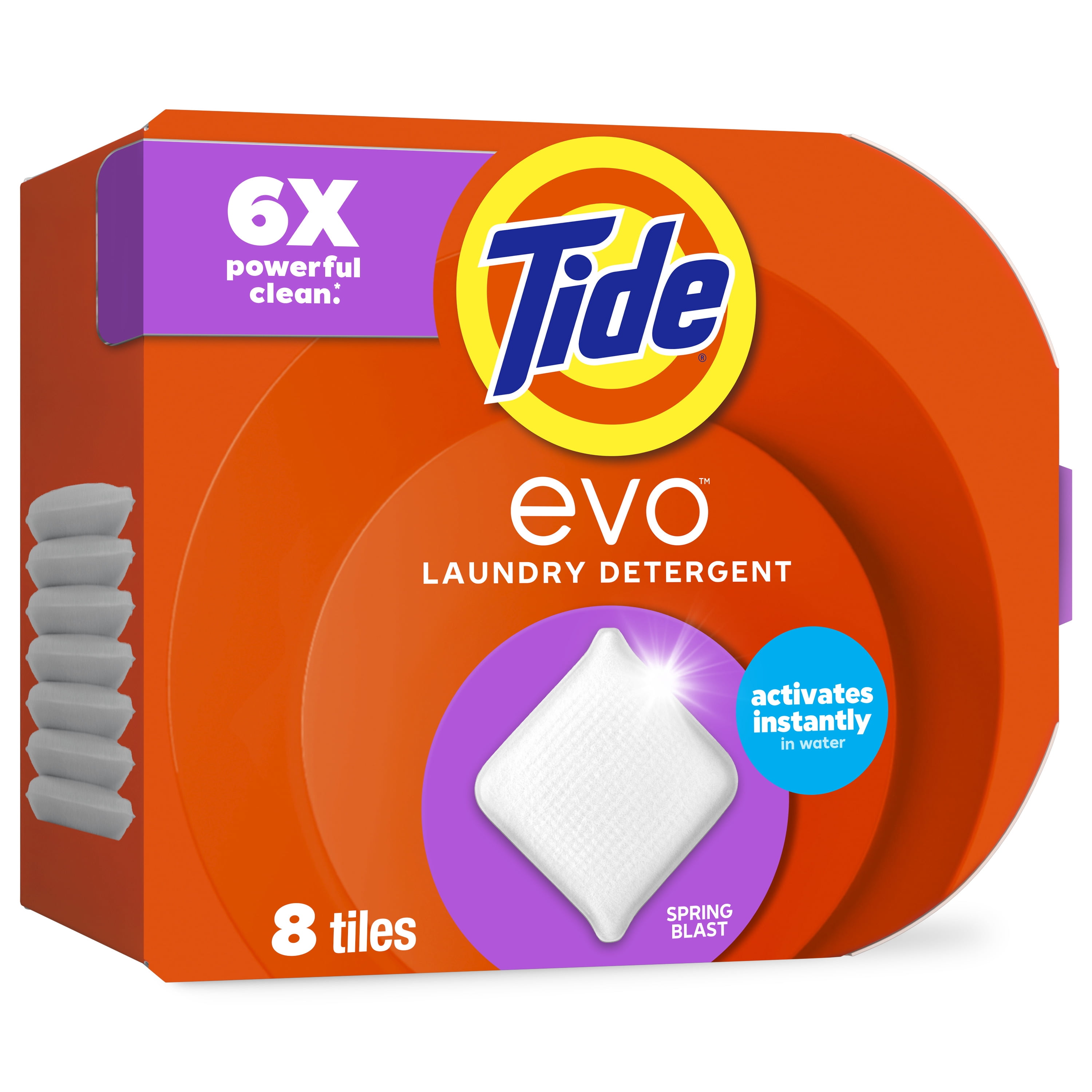 Tide Evo Laundry Detergent Tiles, 100% Concentrated, 6X Cleaning Power, Spring Blast Scent, 8 Count