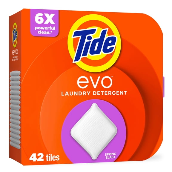 Tide Evo Laundry Detergent Tiles, 100% Concentrated, 6X Cleaning Power, Spring Blast Scent, 42 Count