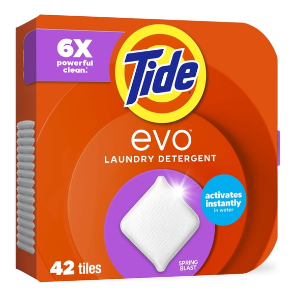 Tide Evo Laundry Detergent Tiles, 100% Concentrated, 6X Cleaning Power, Spring Blast Scent, 42 Count