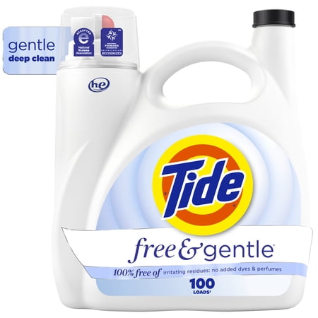 Tide Free & Gentle Laundry Detergent Liquid for Sensitive Skin, Hypoallergenic, Unscented, 132 fl oz, 100 Loads