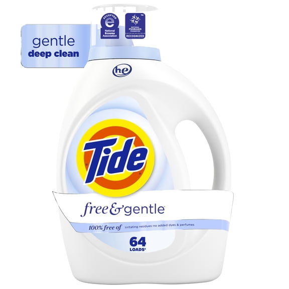 Tide Free & Gentle Laundry Detergent Liquid for Sensitive Skin, Hypoallergenic, Unscented, 84 fl oz, 64 Loads