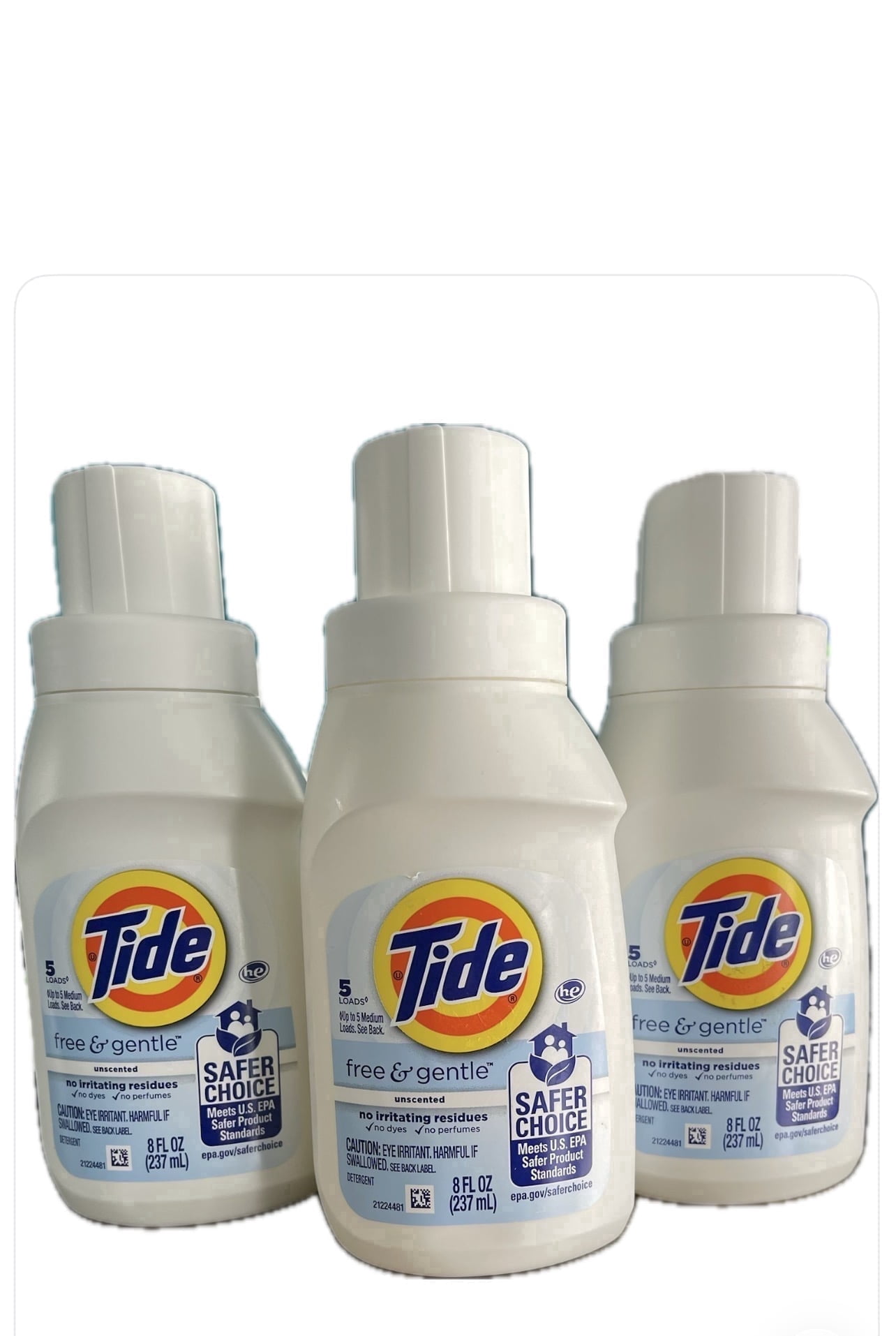 Tide Free & Gentle Laundry Detergent Unscented 8 Fl oz Bottles (Pack of 3) 5 Loads Each HE Compatible,Hypoallergenic Travel  Size