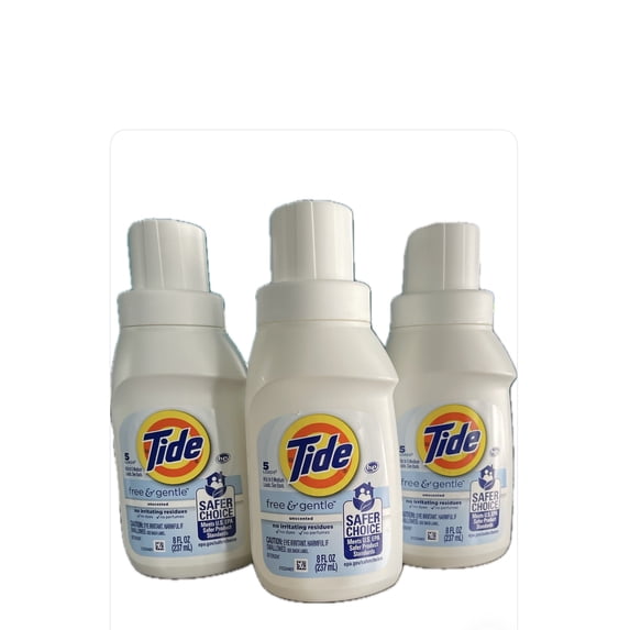 Tide Free & Gentle Laundry Detergent Unscented 8 Fl oz Bottles (Pack of 3) 5 Loads Each HE Compatible, Hypoallergenic Travel Size