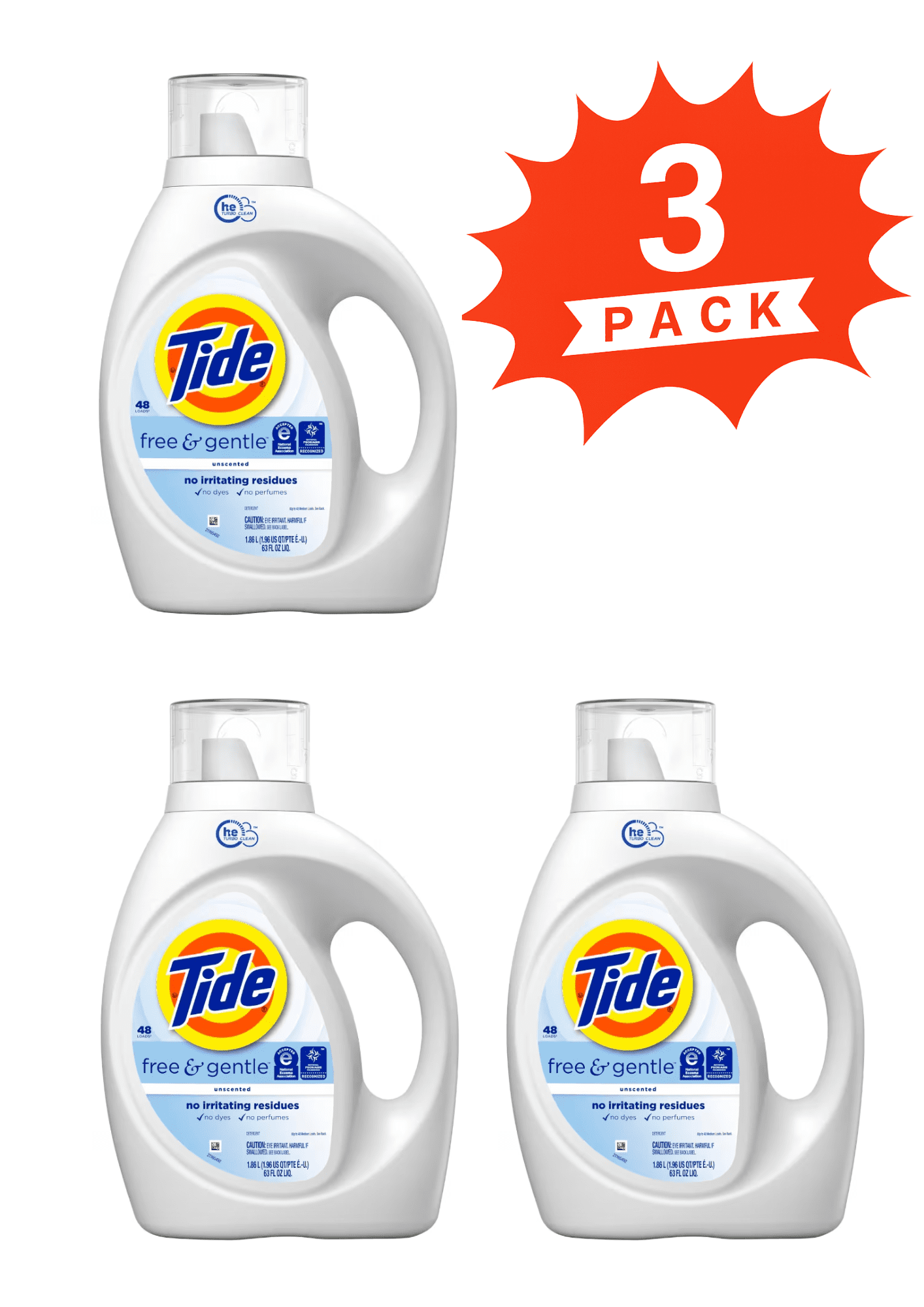 Tide Free & Gentle Liquid Laundry Detergent (Pack 3) - 144 Loads, 189fl