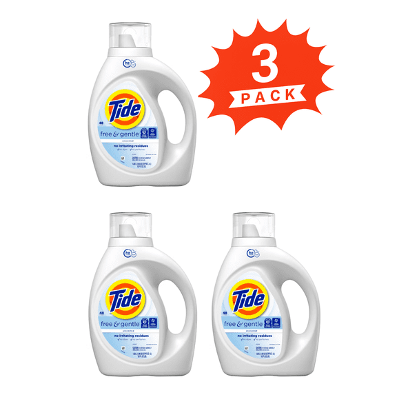 Tide Free & Gentle Liquid Laundry Detergent (Pack 3) - 144 Loads, 189fl