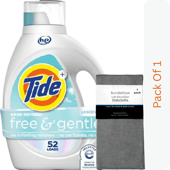Tide Free & Gentle Odor Refresh Liquid Laundry Detergent, Hypoallergenic, 73 fl oz, 52 Loads with Microfiber Solid Color Towel by BundleEase