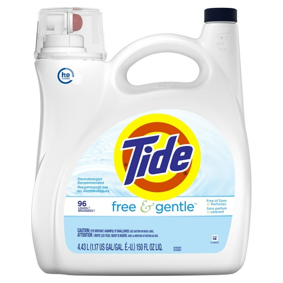 Tide Free &amp; Gentle HE, 96 Loads Liquid Laundry Detergent, 150 Fl Oz