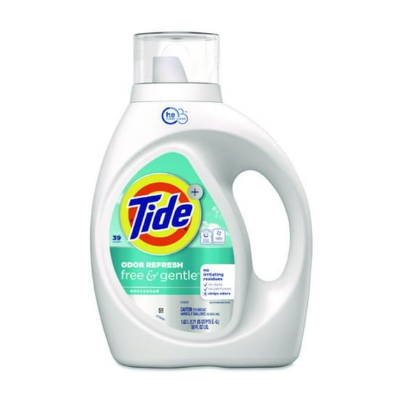 Tide Free and Gentle Odor Refresh Liquid Laundry Detergent, 39 Loads, 55 oz Bottle, 4/Carton