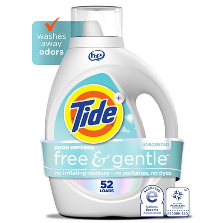 Tide Free and Gentle Odor Refresh Liquid Laundry Detergent, Hypoallergenic, 73 fl oz, 52 Loads