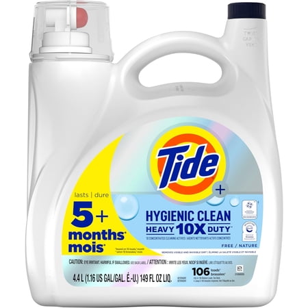 Tide Hygienic Clean Heavy Duty 10x Free Liquid Laundry Detergent, HE Compatible, Unscented, 106 loads, 149 oz