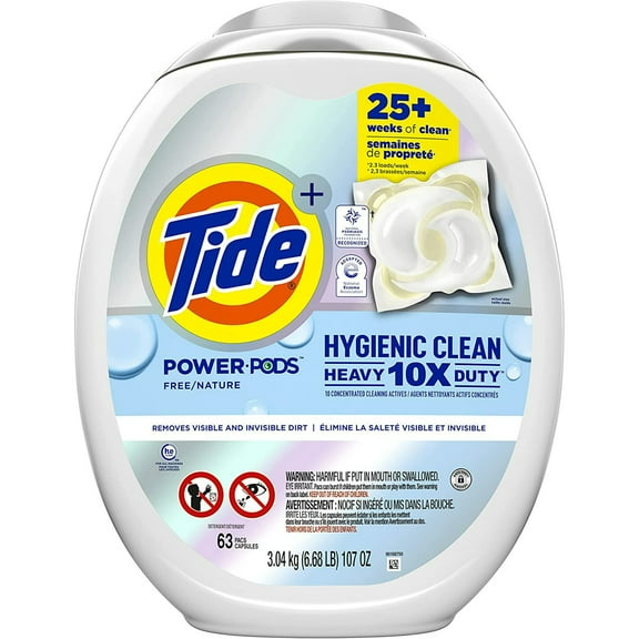 Tide Hygienic Clean Heavy Duty 10x Free Power PODS Laundry Detergent Soap Pods, Unscented, For Visible and Invisible Dirt, 63 count