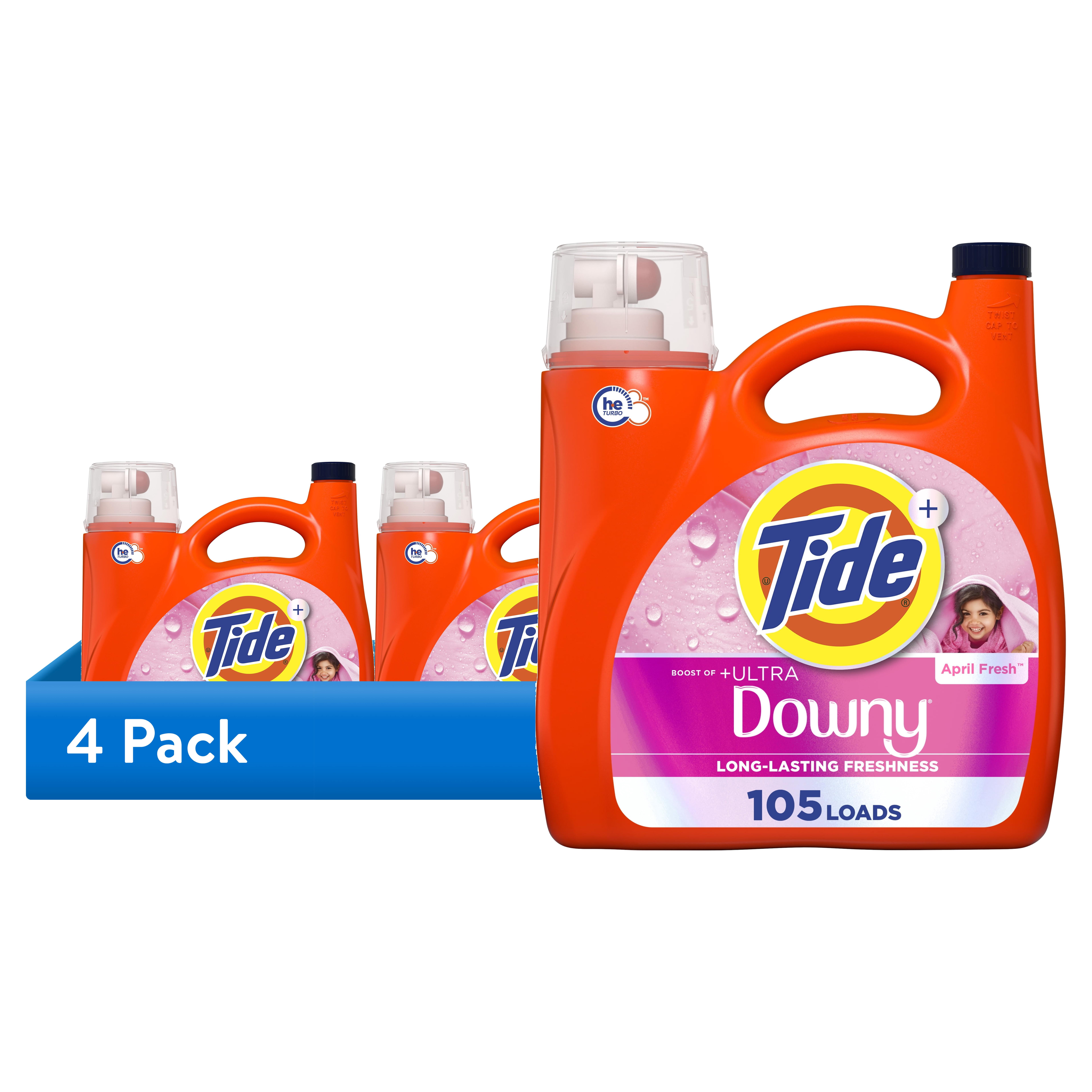 (4 pack) Tide Laundry Detergent Liquid Plus a Boost of Ultra Downy, April Fresh Scent, 148 fl oz, 105 Loads