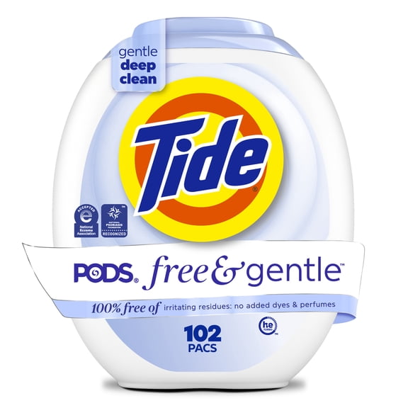Tide PODS Laundry Detergent Soap Pacs, Free and Gentle, Hypoallergenic, Unscented, 102 Count