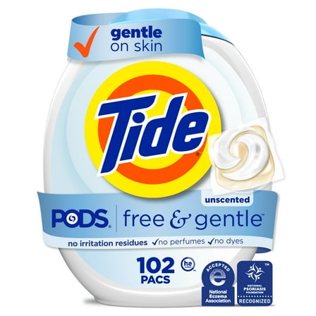 Tide PODS Free and Gentle Liquid Laundry Detergent Pacs, Hypoallergenic, Unscented, 102 Count