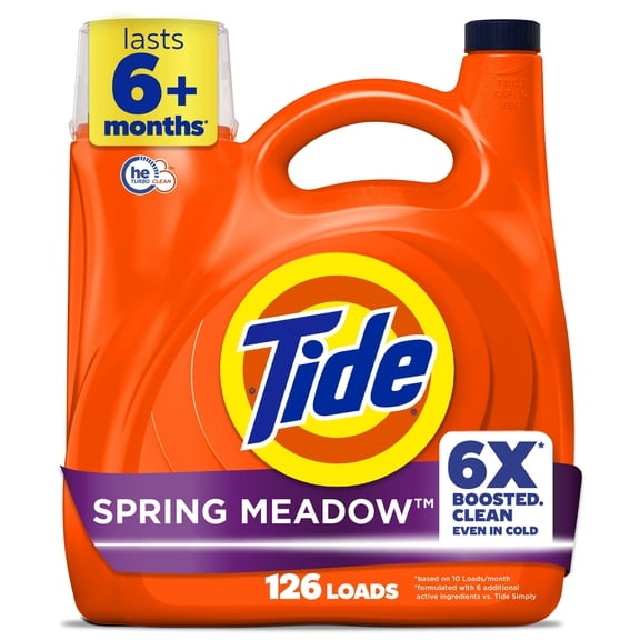 Tide Laundry Detergent Liquid with 6X Boosted Cleaning Power, Spring Meadow Scent, 158 fl oz, 126 Loads