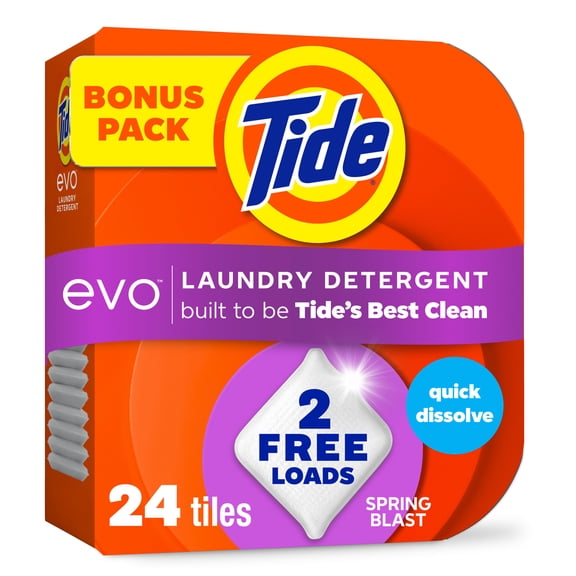 Tide Evo Laundry Detergent Tiles, Super Concentrated 6X Cleaning Power, Spring Blast, 24 Count