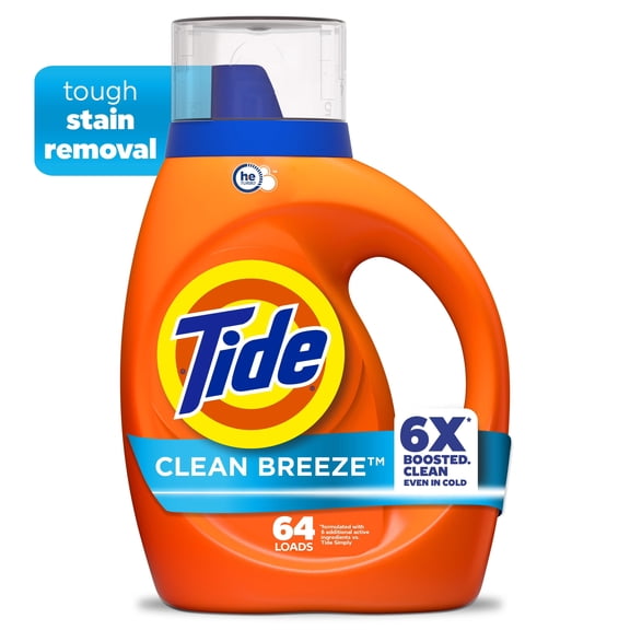 Tide Laundry Detergent Liquid, Clean Breeze Scent, 64 Loads, 80 fl oz, Works on 100% of Common Stains