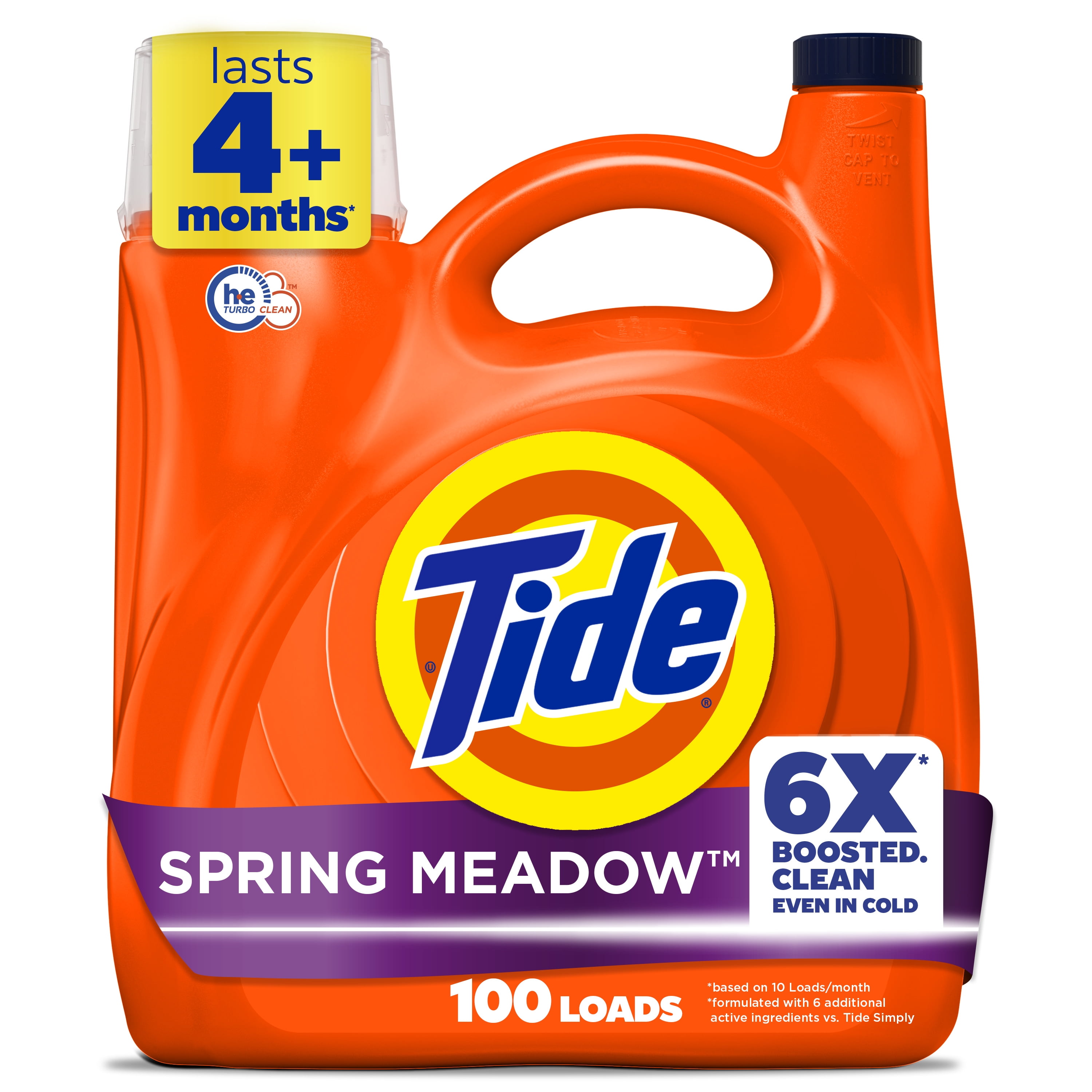 Tide Laundry Detergent Liquid with 6X Boosted Cleaning Power, Spring Meadow Scent, 125 fl oz, 100 Loads