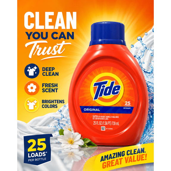 Tide Original Deep Clean, Fresh Scent, Brightens Colors Liquid Laundry Detergent, Fresh Scent, 25 fl oz, 25 Loads