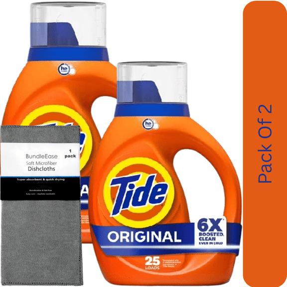Tide Original Scent Laundry Liquid Detergent, 6X Boost Cleaning Power, 32 fl oz, 25 Loads with Microfiber Solid Color Towel by BundleEase