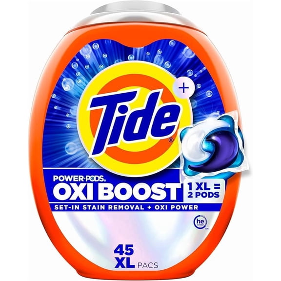 Tide Oxi Boost Power PODS Laundry Detergent Pacs, 45 Count, Set-In Stain Removal + Oxi Power, laundry soap detergent pacs