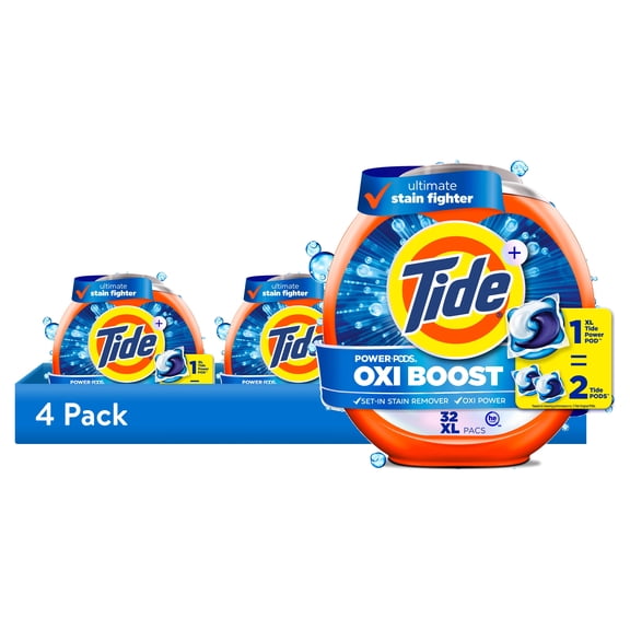 (4 pack) Tide Oxi Boost Power Pods with Stain Remover and Oxi Power Laundry Detergent, 32 Count