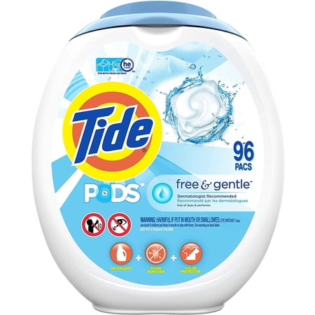 Tide PODS Free and Gentle, Laundry Detergent Soap PODS, HE, 96 Count - Unscented and Hypoallergenic for Sensitive Skin, Free and Clear of Dyes and Perfumes