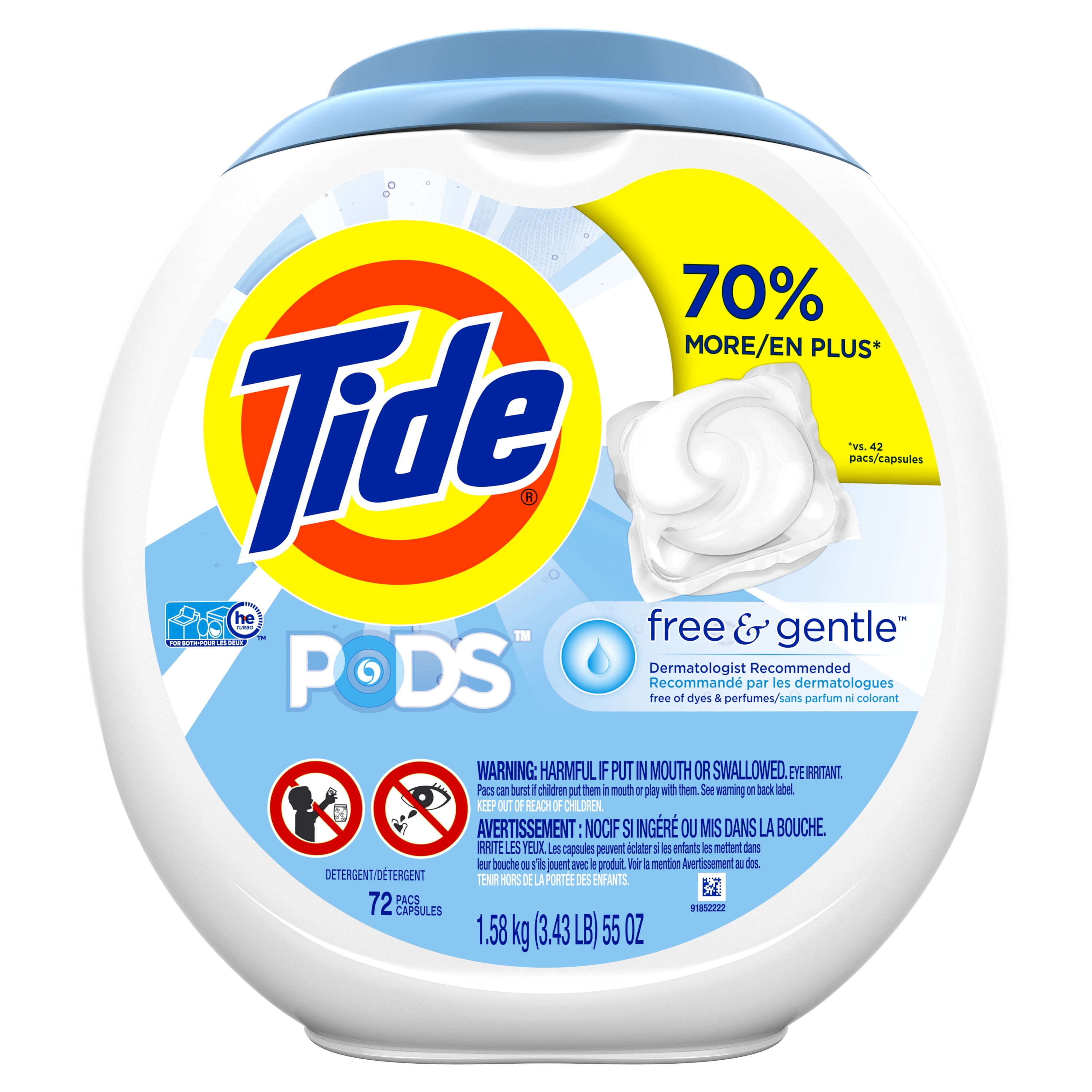 Tide PODS Free & Gentle, Liquid Laundry Detergent Pacs, 72 count