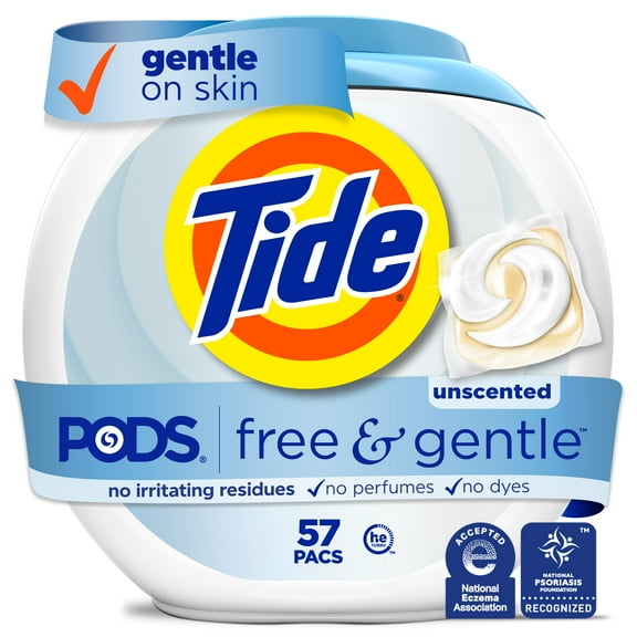 Tide PODS Free and Gentle Liquid Laundry Detergent Pacs, Hypoallergenic, Unscented, 57 Count