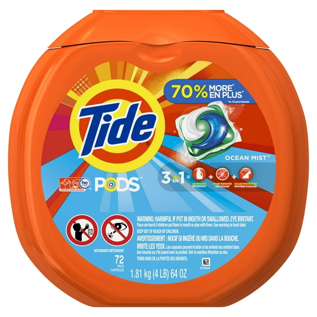 Tide PODS Liquid Laundry Detergent Pacs, Ocean Mist, 72 loads
