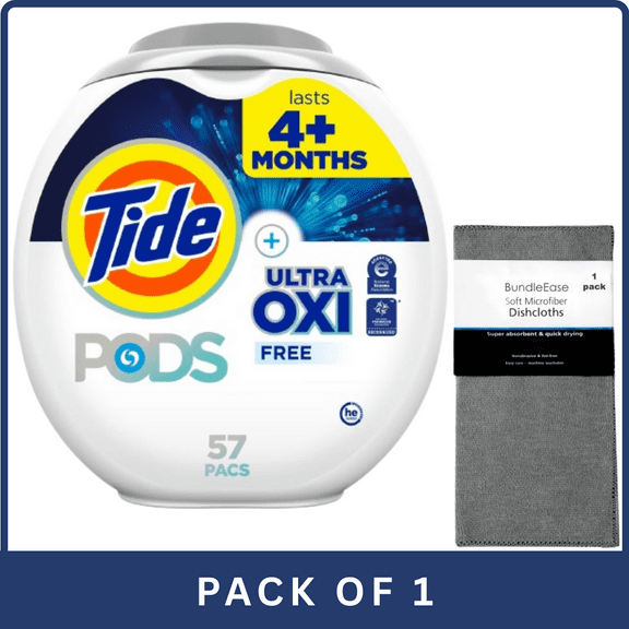 Tide PODS OXI Laundry Detergent Free & Gentle 53oz 57ct With Microfiber Solid Color Towel By BundleEase