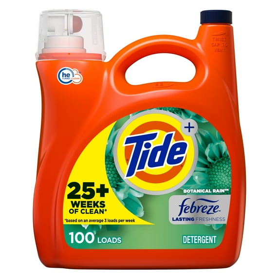 Tide Plus Febreze Freshness Liquid Laundry Detergent, Botanical Rain, 154 fl oz, 100 Loads